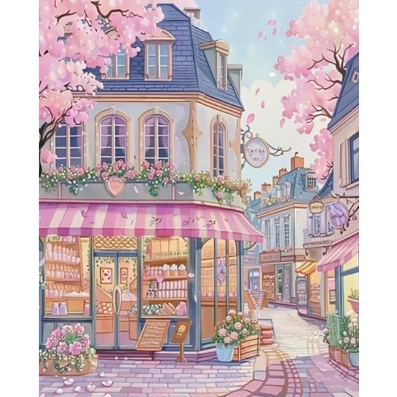 Photo Mosaic Print - ダイヤモンドペイント、ロマンチックな桜の風景、フランスの街角にあるデザートショップ、モザイクアート、手作り、クリエイティブなギフト、インテリア装飾。
