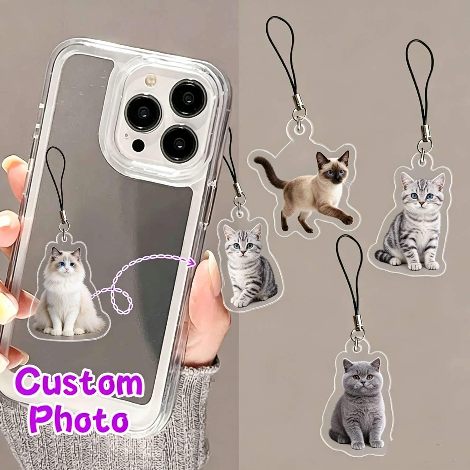Pet Portrait Custom - ペットの写真を使ったオリジナルデザインの携帯電話用ペンダント、猫の写真を使ったアクリル製の携帯電話用チャーム、写真を入れられるオリジナルデザインの携帯電話用ストラップ、かわいらしいペット好きの誕生日プレゼント。