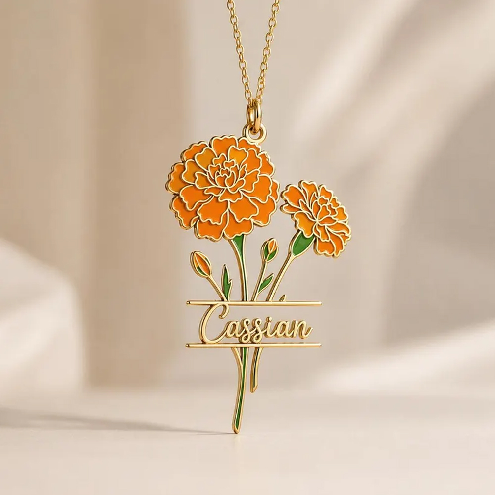 カスタム名入り、誕生花モチーフのネックレス。ステンレス製で、 - Birth Flower Necklace のレビューと価格